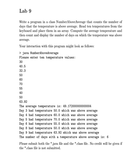 java only Lab 9 lass NumberAboveAverage that counts the number of Write