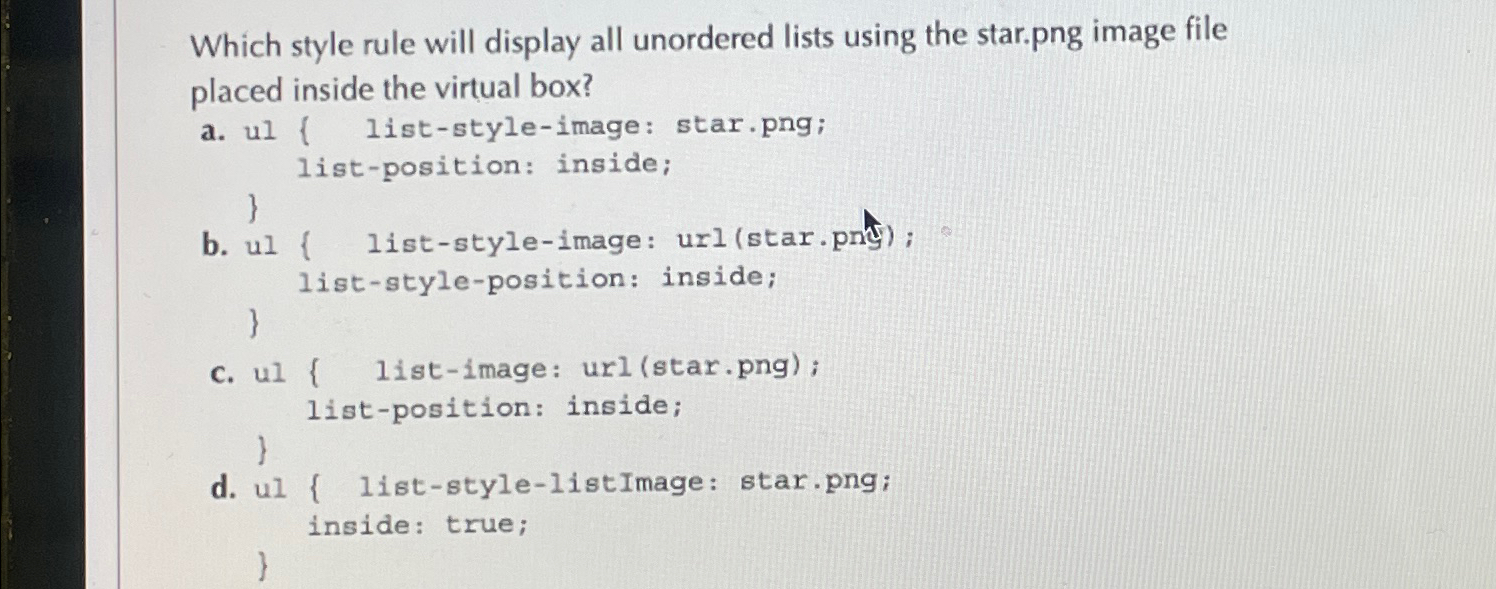  Which style rule will display all unordered lists using the star.png