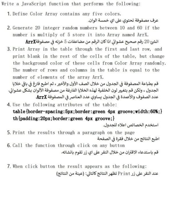  HTML Write a JavaScript function that performs the following: 1. Define