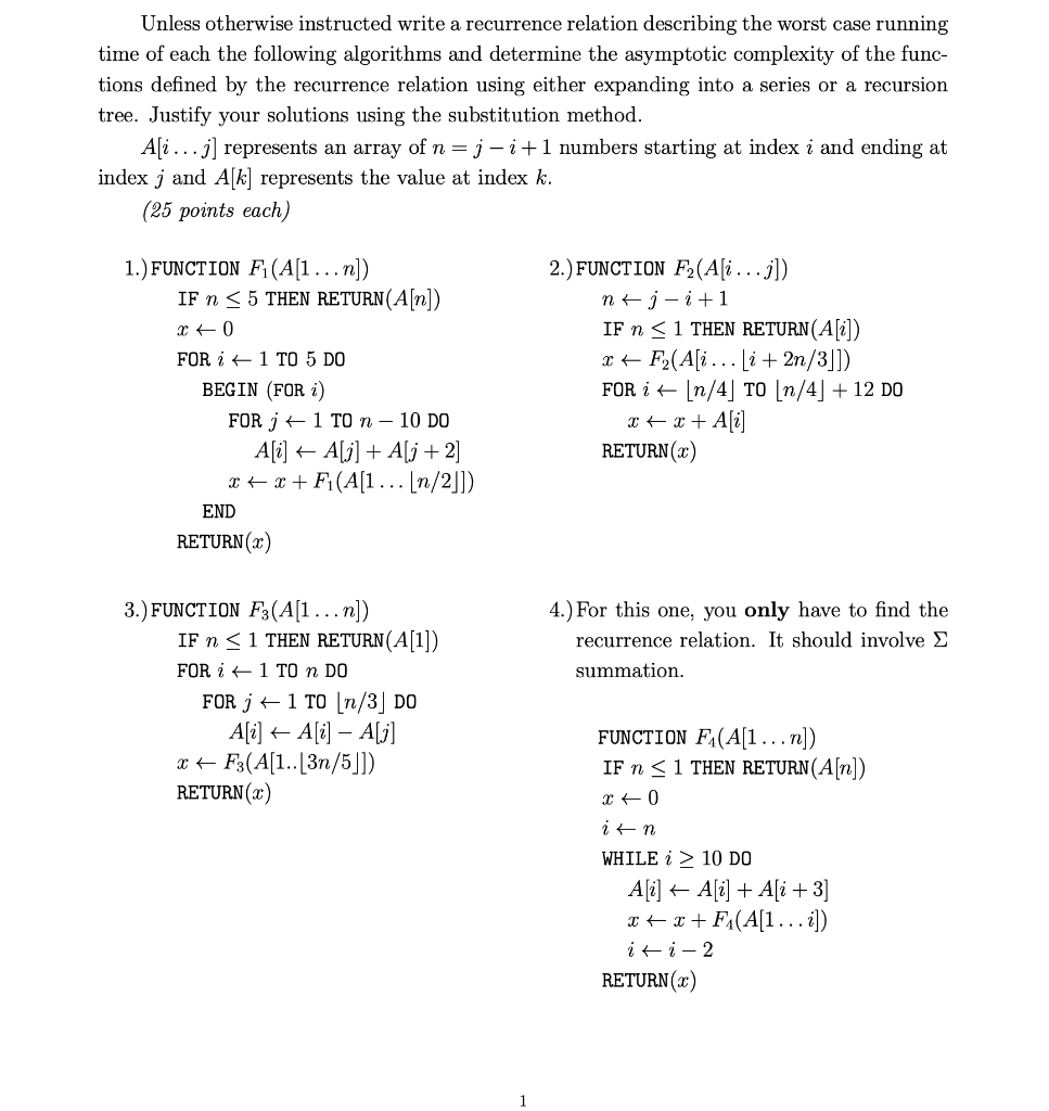  Unless otherwise instructed write a recurrence relation describing the worst case