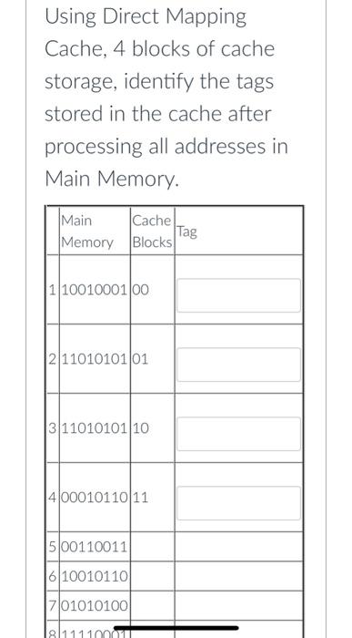  Using Direct Mapping Cache, 4 blocks of cache storage, identify the