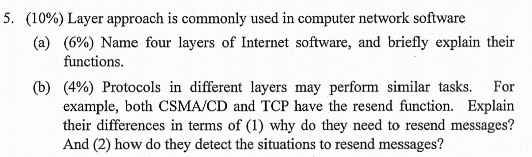 5. (10%) Layer approach is commonly used in computer network software