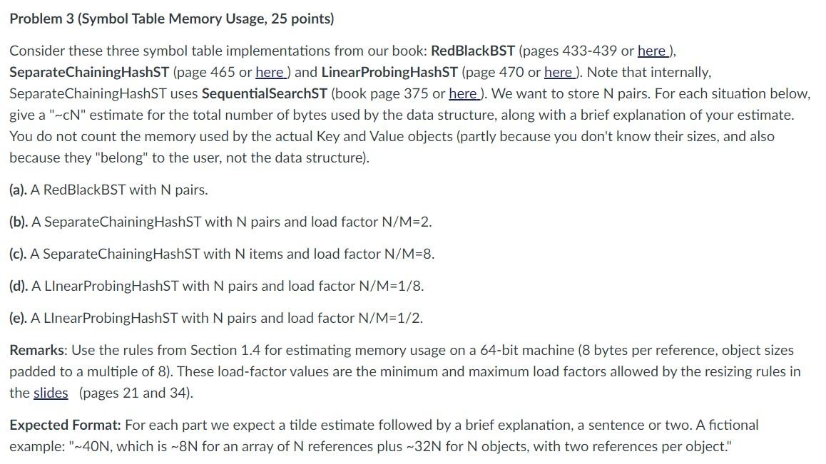  Problem 3 (Symbol Table Memory Usage, 25 points) Consider these three