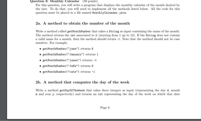  (URGENT) Java- Create a monthly calendar Question 2: Monthly Calendar (50