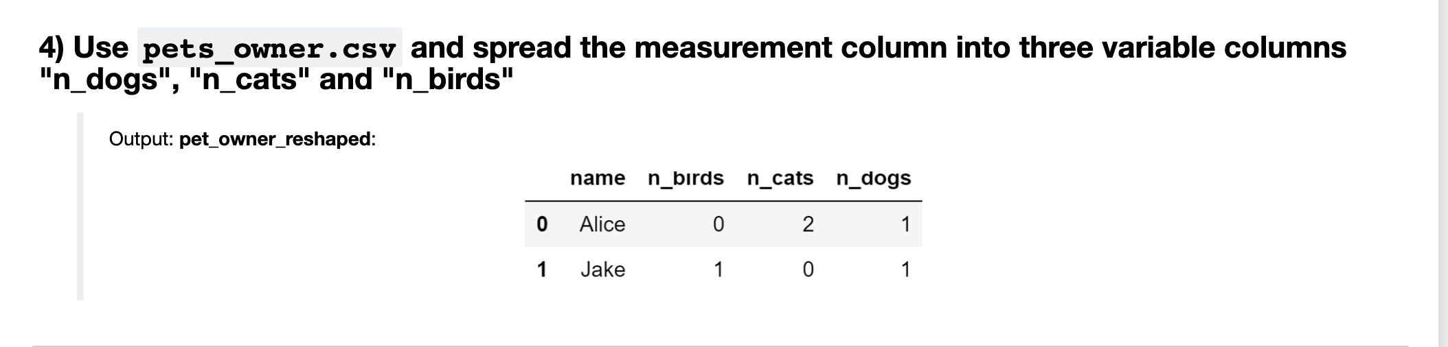  Jupyter Notebook in python 4) Use pets owner.csv and spread the