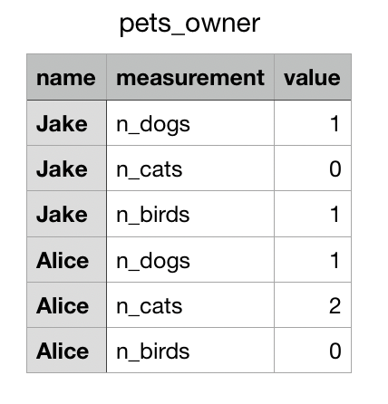 measurement column into three variable columns "n_dogs", "n_cats" and "n_birds" Output: pet_owner_reshaped:
