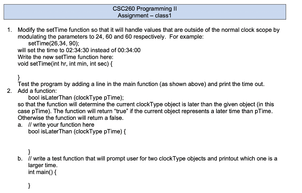 Modify the setTime function so that it will handle values that are