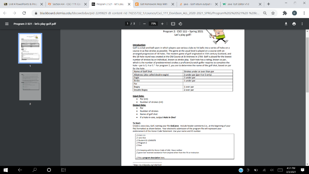 Program Assignment 2 Lets play golf ES Unit 4 PowerPoints & Pro