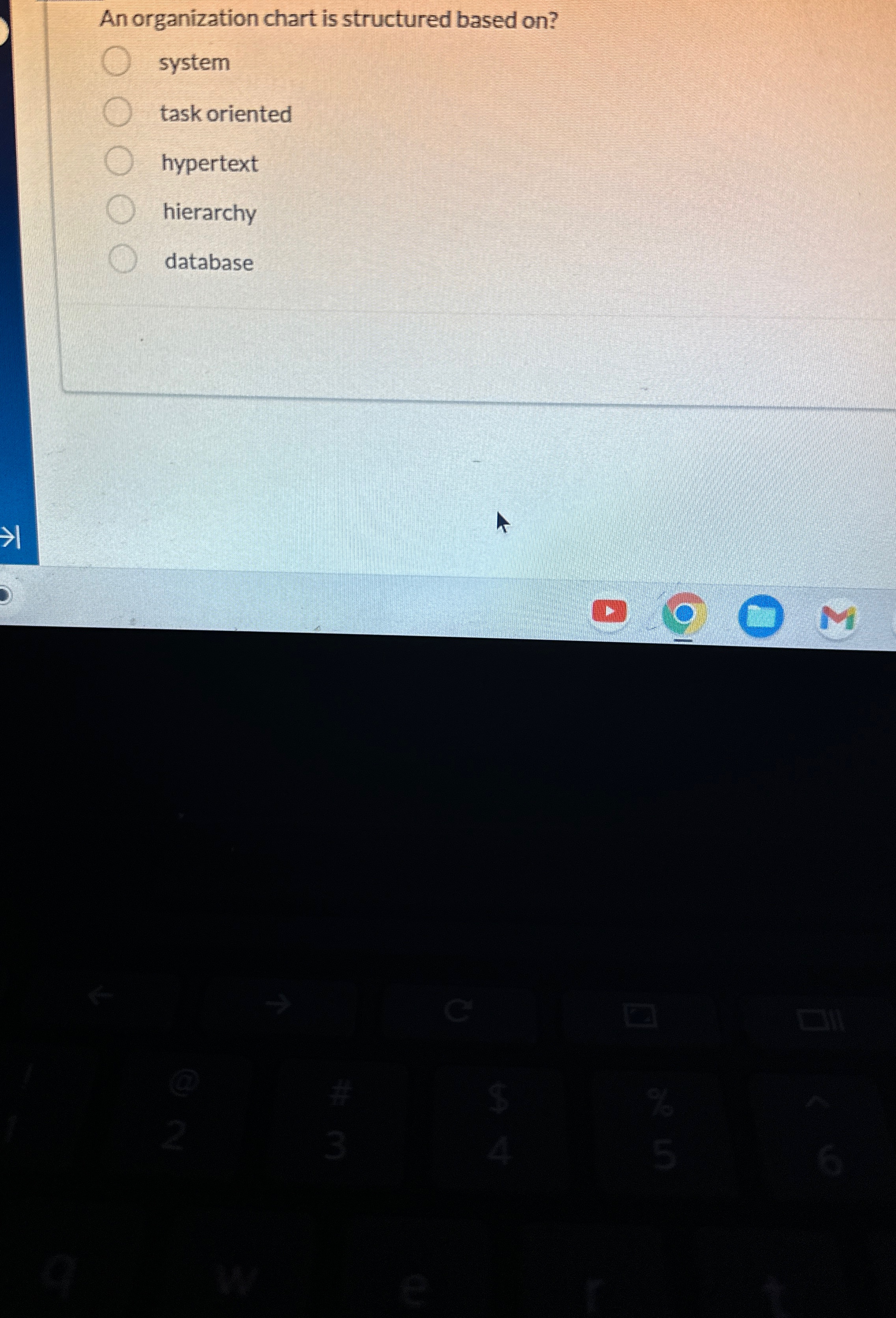  An organization chart is structured based on? system task oriented hypertext