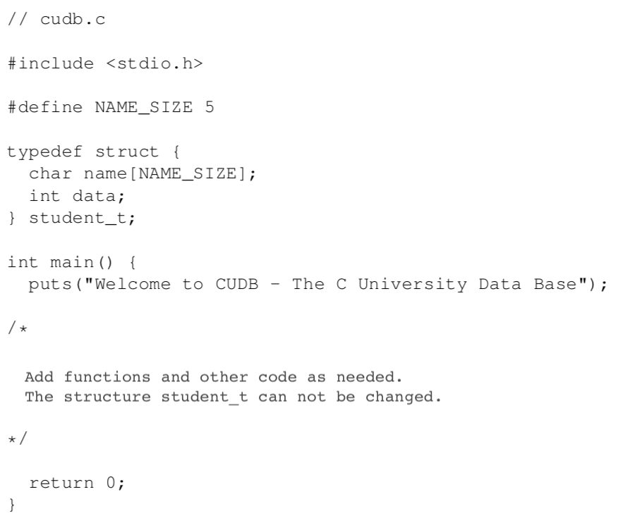 Write a C program cudb that works as a database for students,