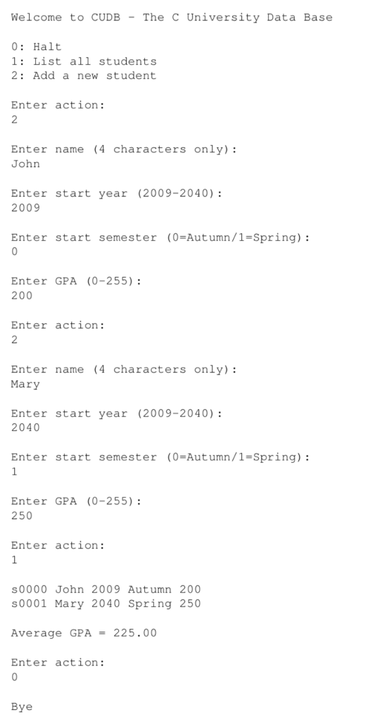 including their GPA, using the following template: The result from running the