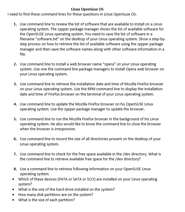  Linux OpenSuse OS I need to find these command lines for