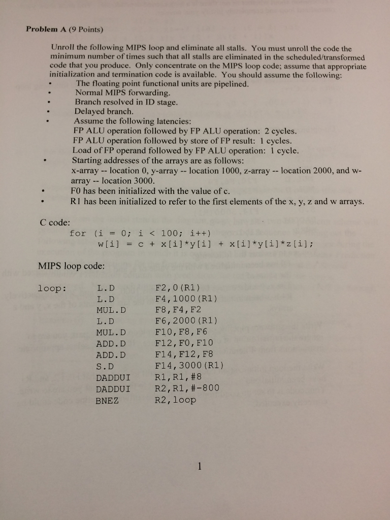 Unrolling a MIPS loop. SOftware pipeline Problem A (9 Points) Unroll the