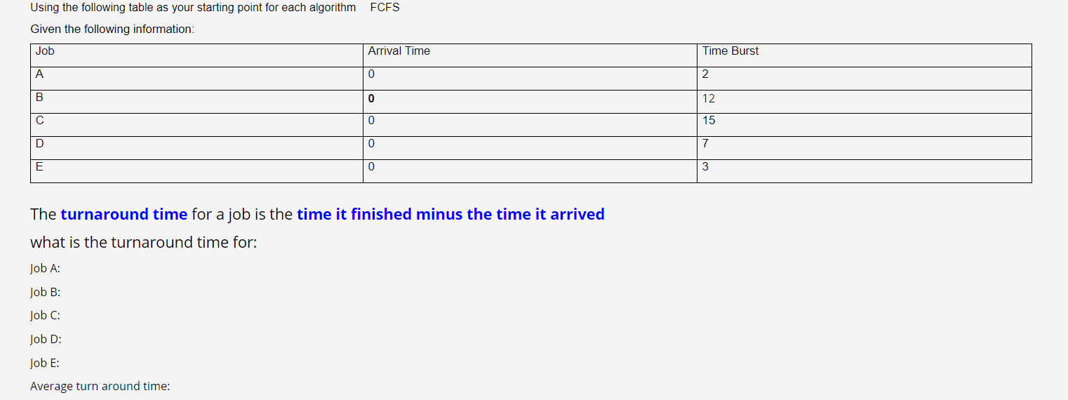 FCFS Using the following table as your starting point for each