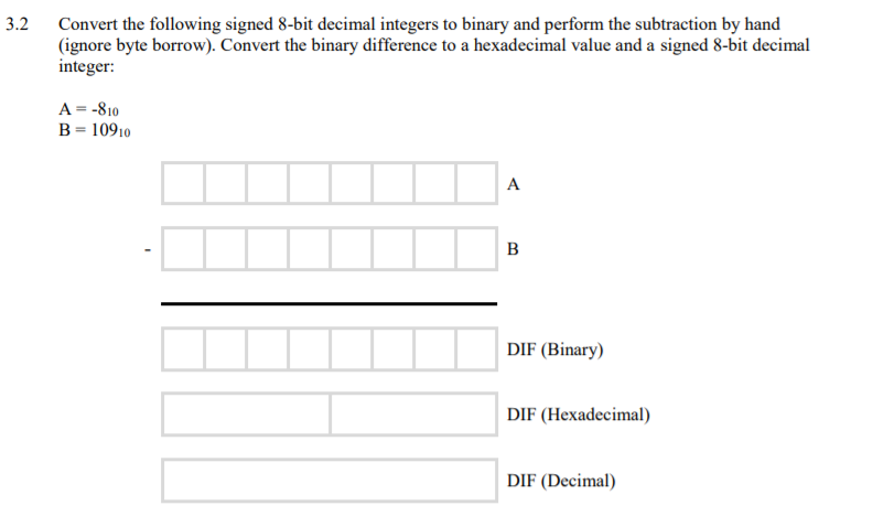 3.2 Convert the following signed 8-bit decimal integers to binary and