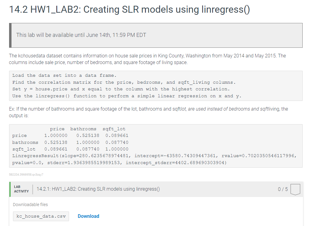  14.2 HW1_LAB2: Creating SLR models using linregress() This lab will be