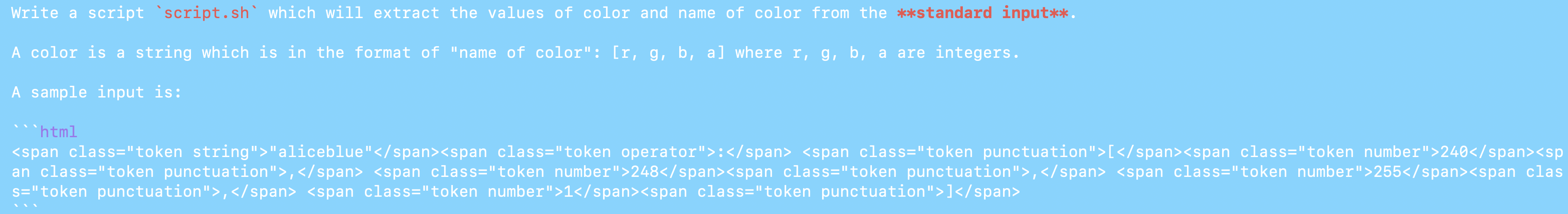  for the sample input the output should be "aliceblue":[240,248,255,1] 