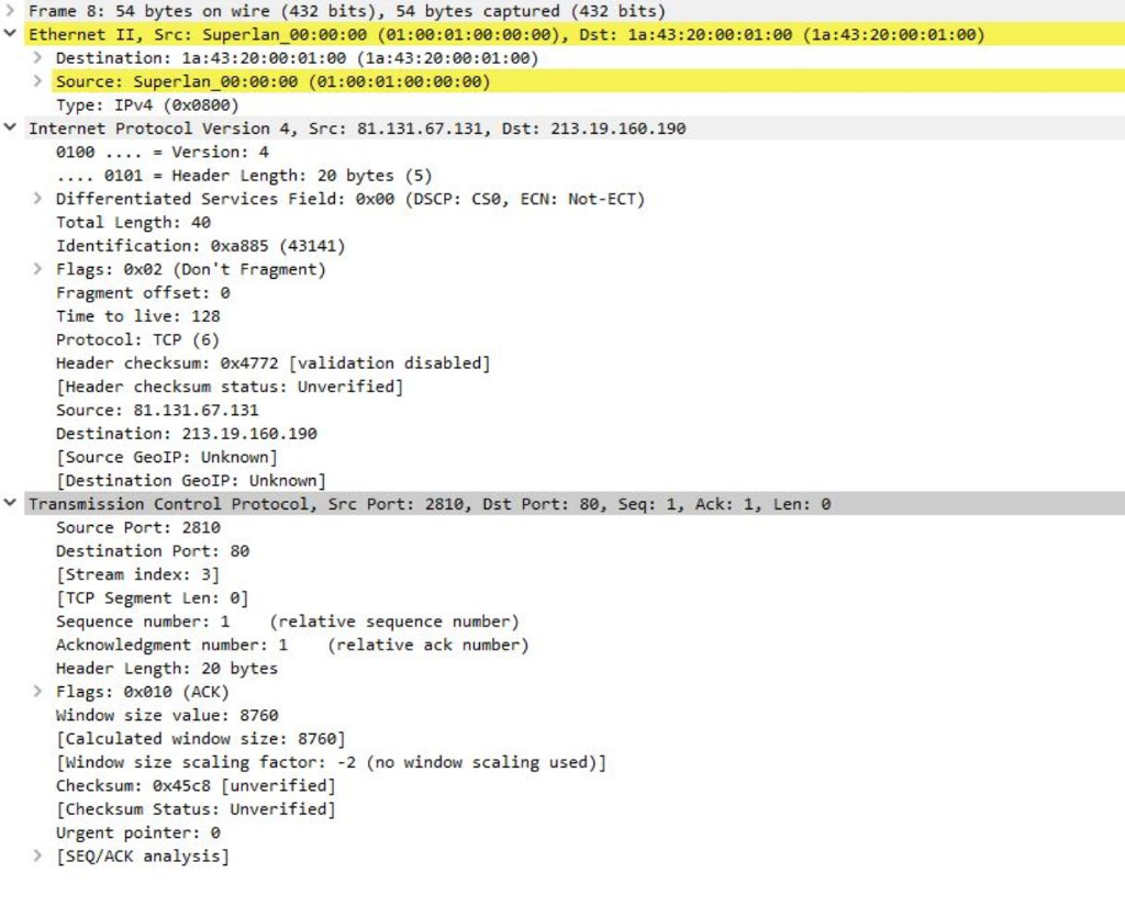 Frame 8: 54 bytes on wire (432 bits), 54 bytes captured