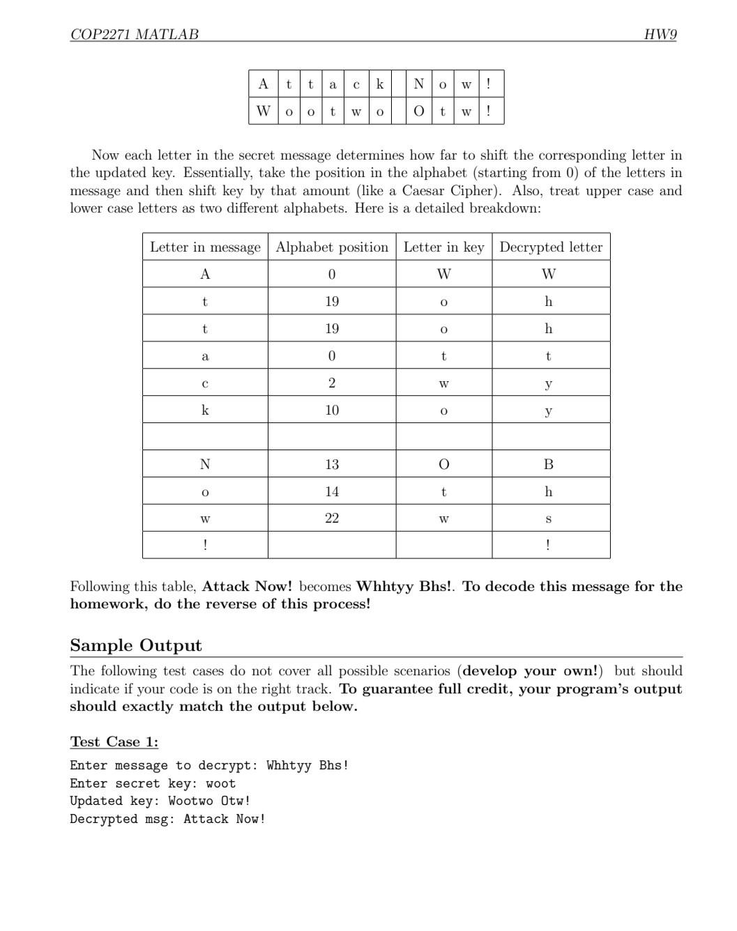 Homework: Modified Vigenere Cipher Implement a decryption cipher to decode messages using