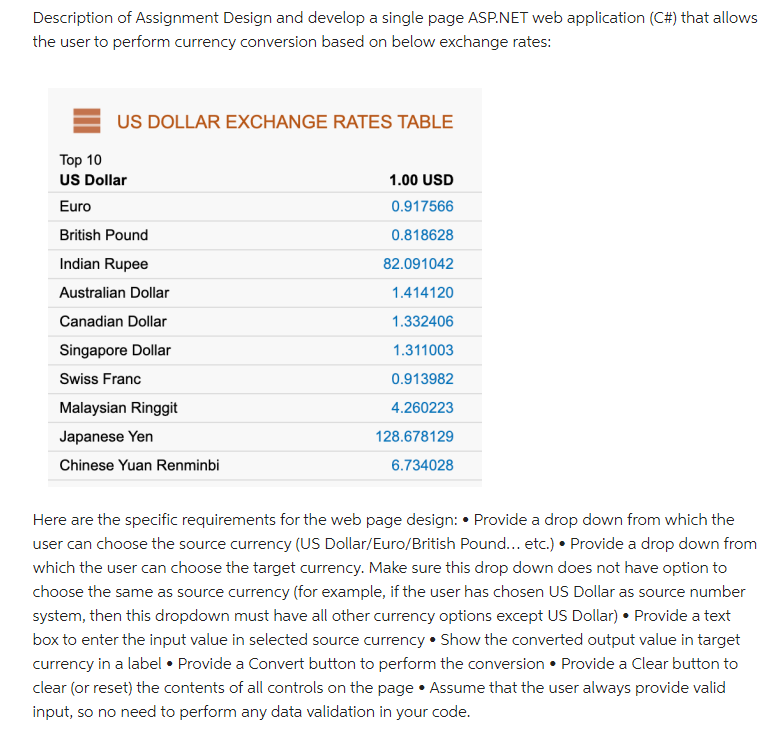 Description of Assignment Design and develop a single page ASP.NET web