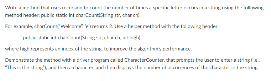  Write a method that uses recursion to count the number of
