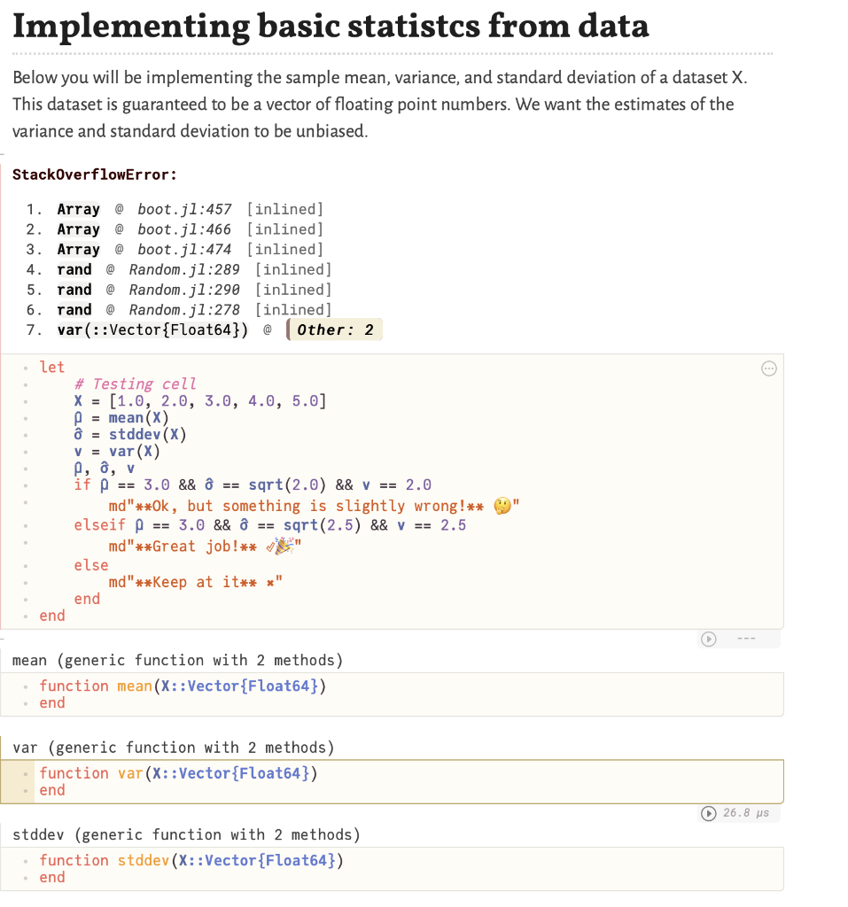 Implement using Julia Implementing basic statistcs from data Below you will be