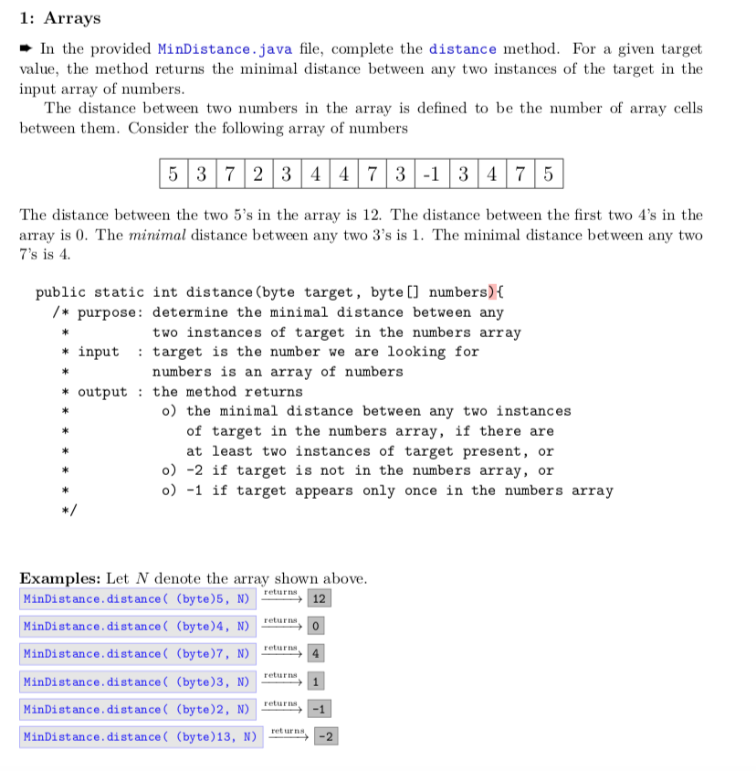 In the provided MinDistance.java file, complete the distance method. For a given