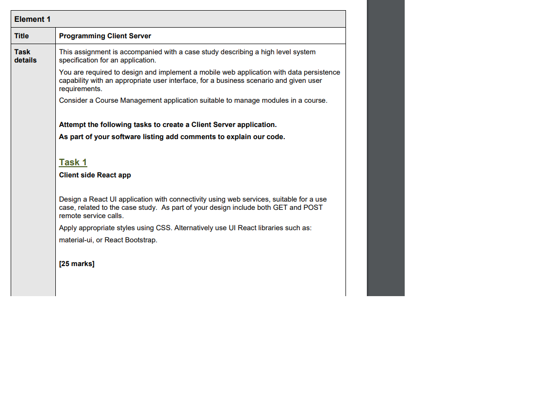  Element 1 Title Programming Client Server Task details This assignment is