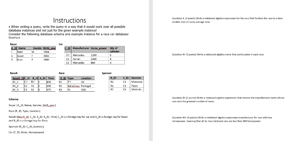  Question X. (4 points) Write a relational algebra expression for the