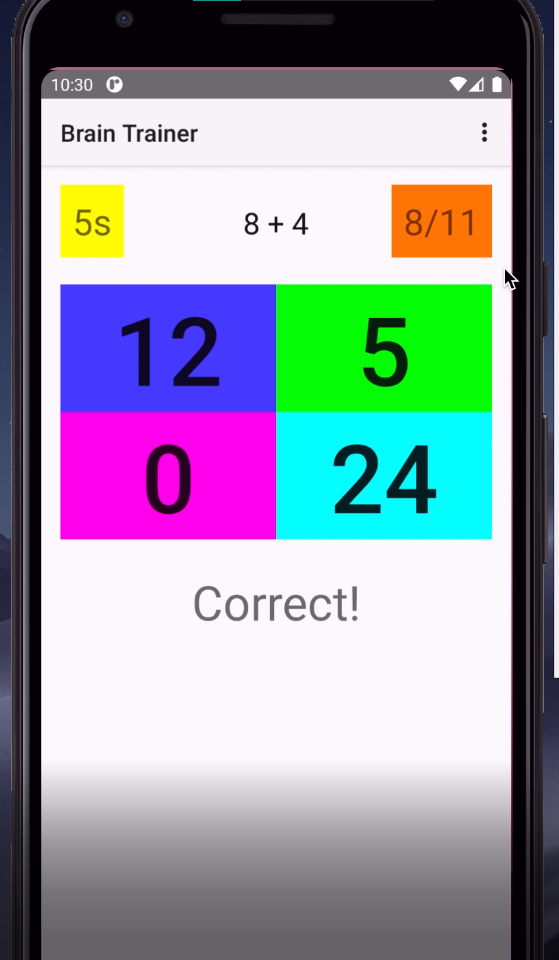 starts. The application is a simple algebraic addition game. An addition expression