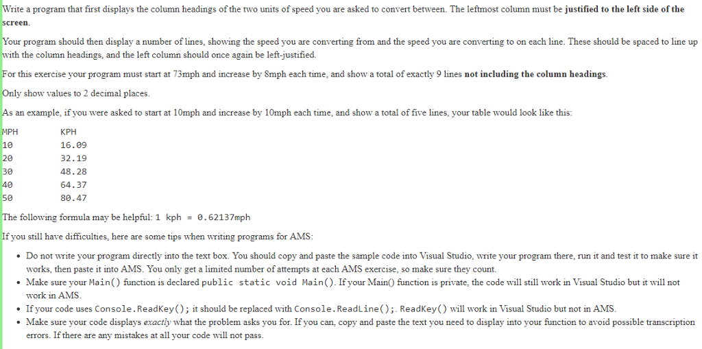 C# Write a program to create a table for converting from miles