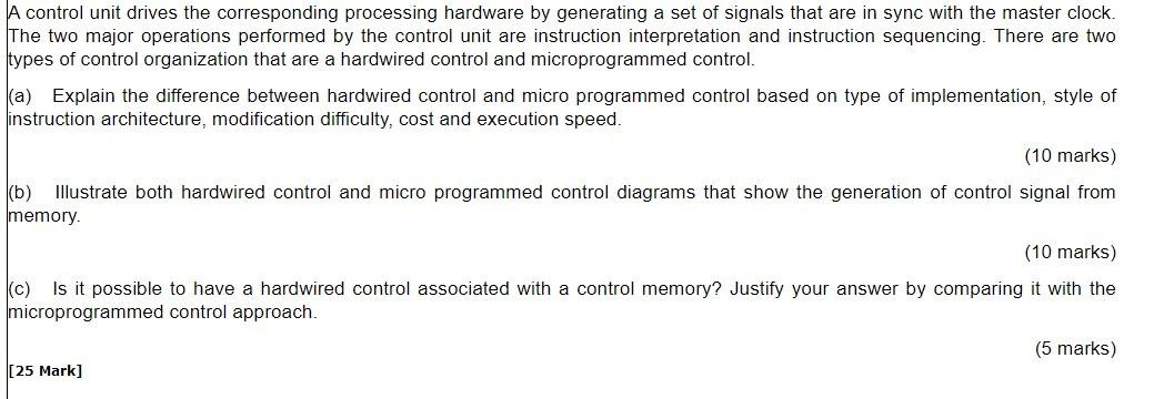  A control unit drives the corresponding processing hardware by generating a