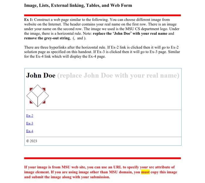 need HTML code Image, Lists, External linking, Tables, and Web Form Ex