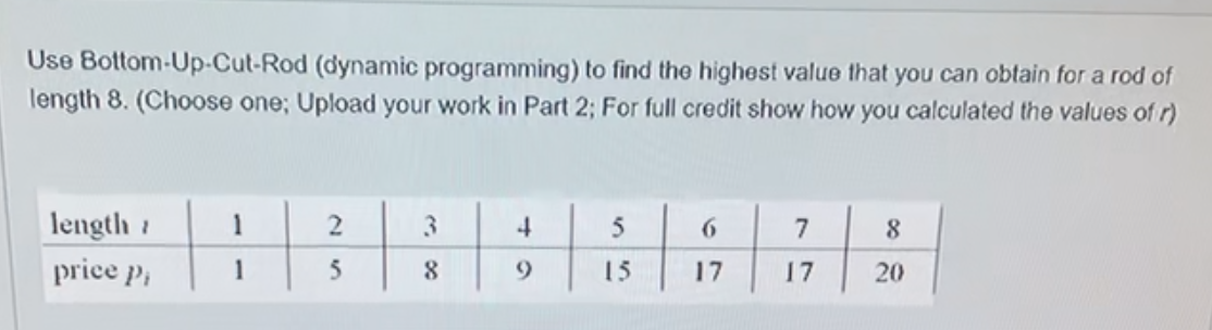  Use Bottom-Up-Cut-Rod (dynamic programming) to find the highest value that you