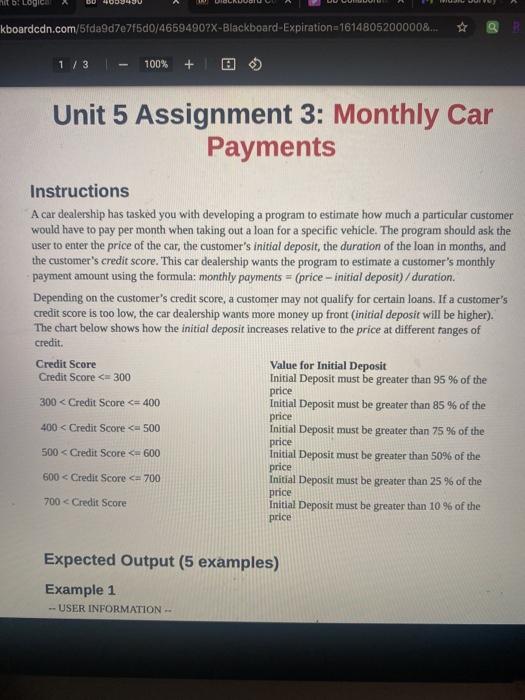  unit 5 assignment 3 : monthly car payments A Log kboardcdn.com/5fda9d7e7f5d0/46594907X-Blackboard-Expiration=1614805200000&...