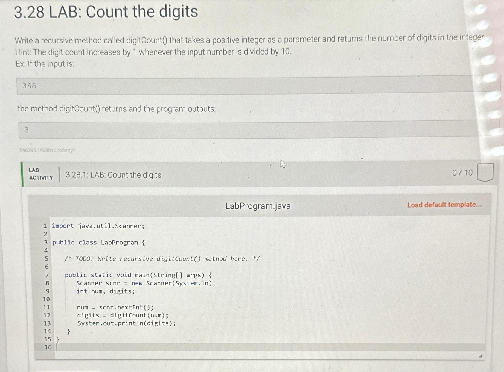  3.28 LAB: Count the digits Write a recursive method called digitCount()