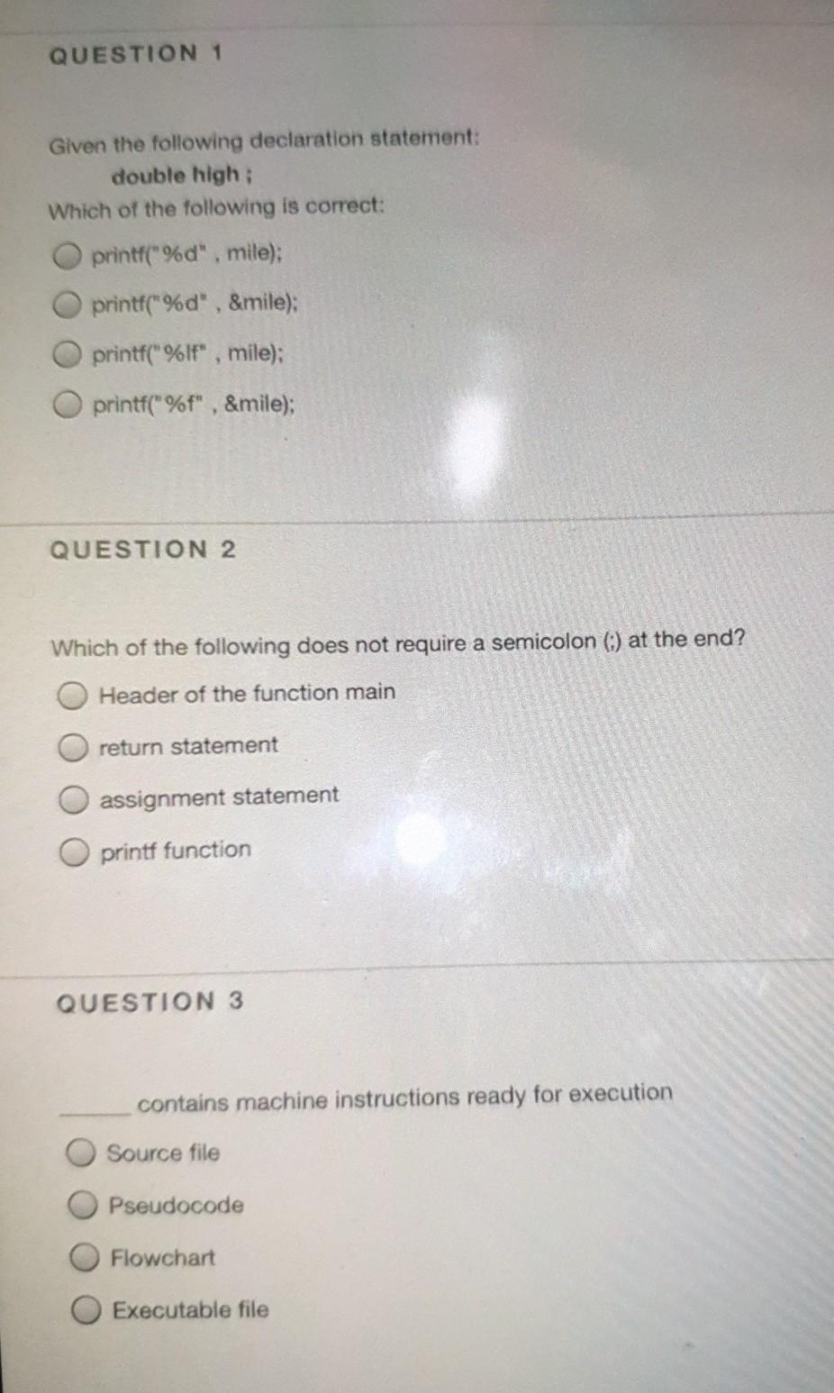  fast please QUESTION 1 Given the following declaration statement: double high