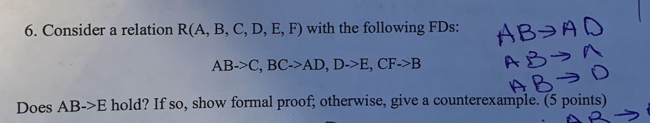 Please help me with this question! 6. Consider a relation R(A,B,C,D,E,F) with