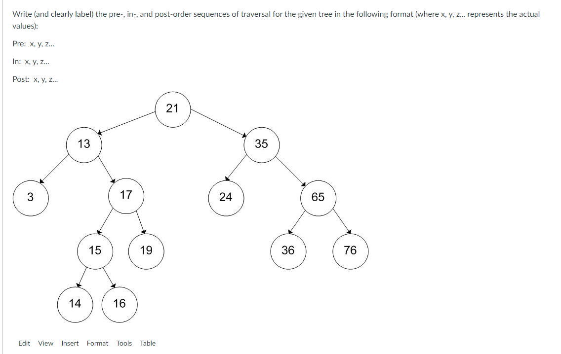  Write (and clearly label) the pre-, in-, and post-order sequences of