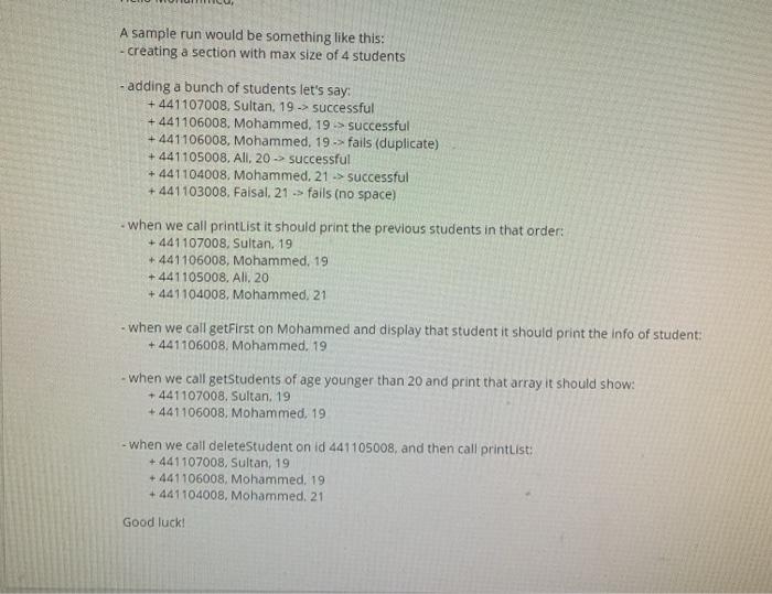 getAge(int display : void Section course String studentList: Student[] - nStudents int