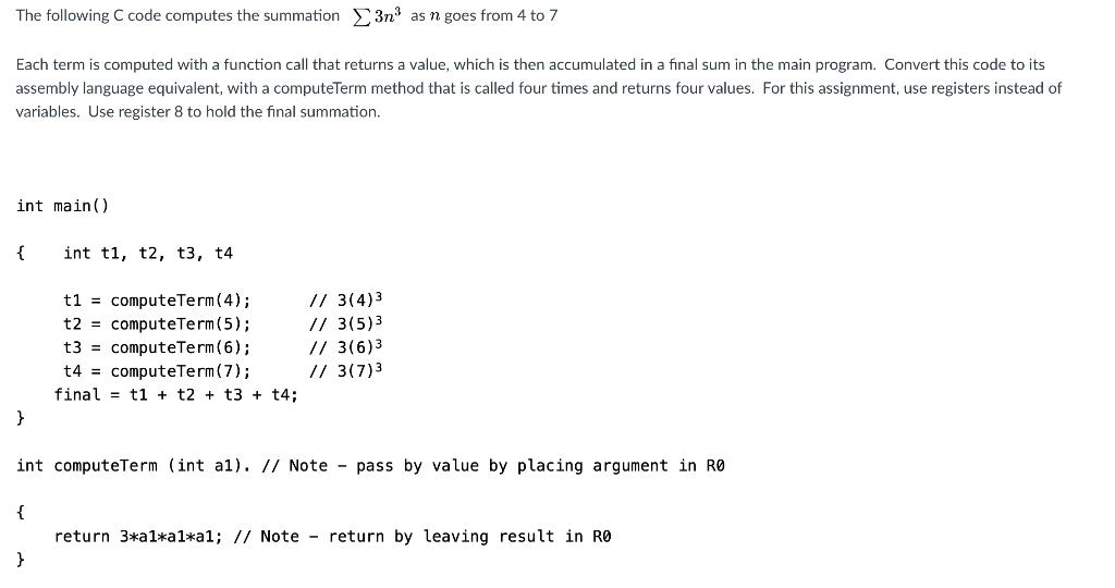 Help converting C code to assembly language! The following C code computes