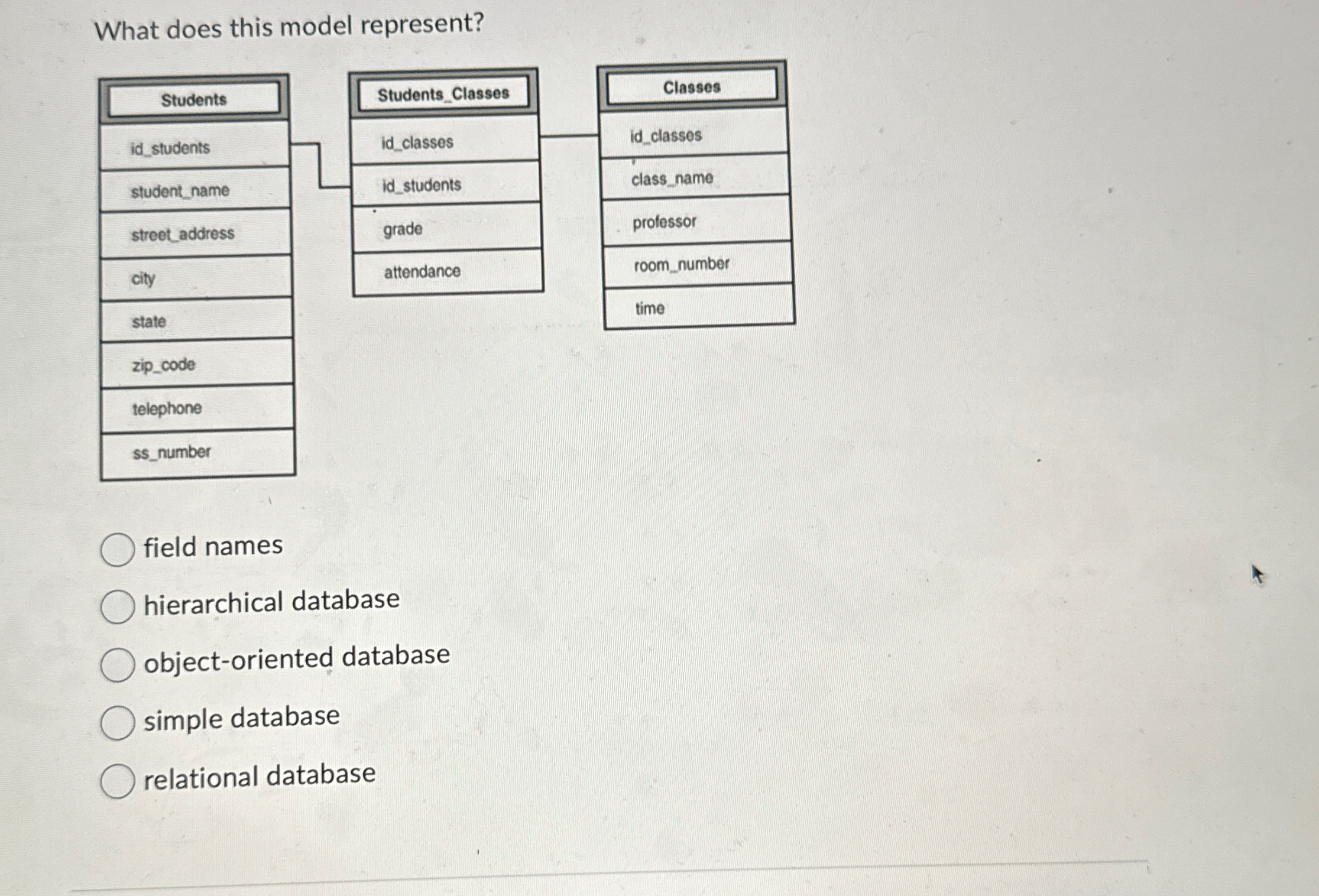  What does this model represent? field names hierarchical database object-oriented database