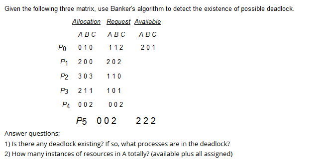  Given the following thre matrix, use Banker's algorithm to detect the