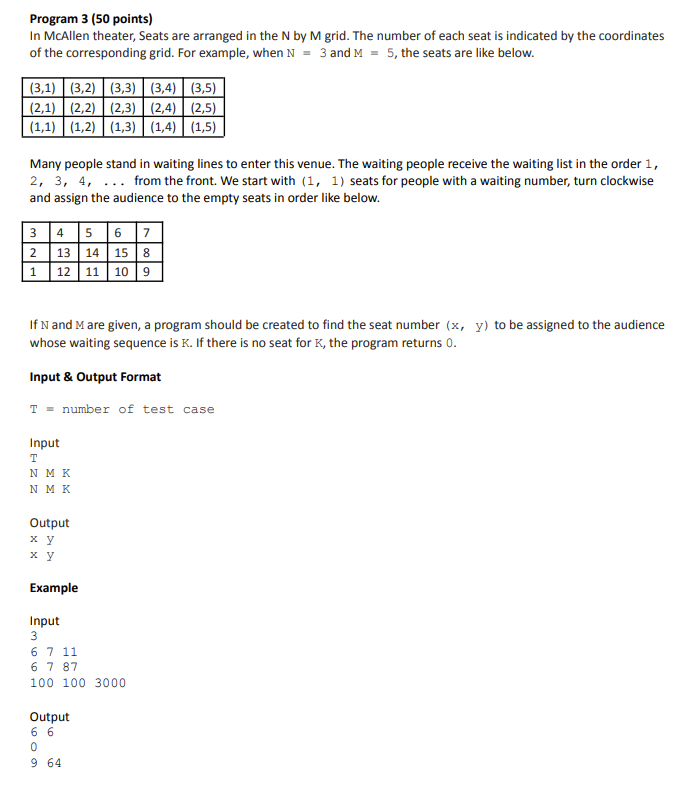  Java pls Program 3 (50 points) In McAllen theater, Seats are