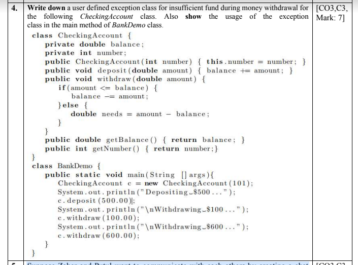 4. Write down a user defined exception class for insufficient fund