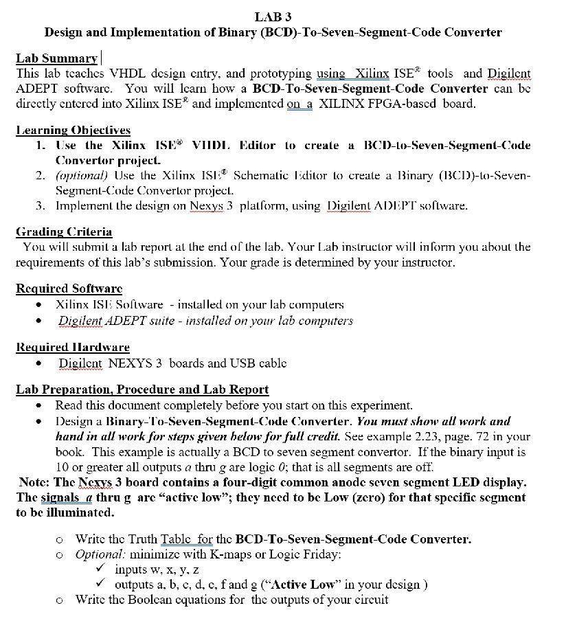  LAB 3 Design and Implementation of Binary (BCD)-To-Seven-Segment-Code Converter Lab Summary