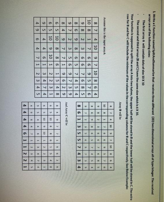  . 1. Write a function named SplitAndSummarize that receives three different