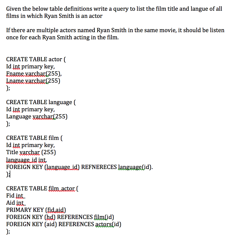  Given the below table definitions write a query to list the