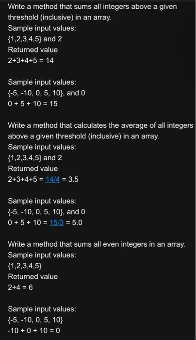  Write a method that sums all integers above a given threshold