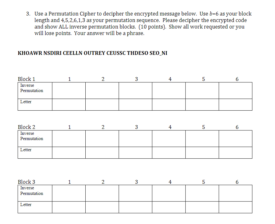  Use a Permutation Cipher to decipher the encrypted message below. Use